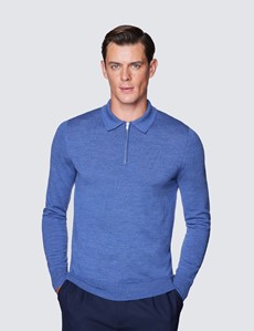 Merino Pullover – Slim Fit – Polo-Zip Kragen – blau