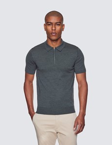 Poloshirt mit Zipper – Kurzarm – Merinowolle – Grau
