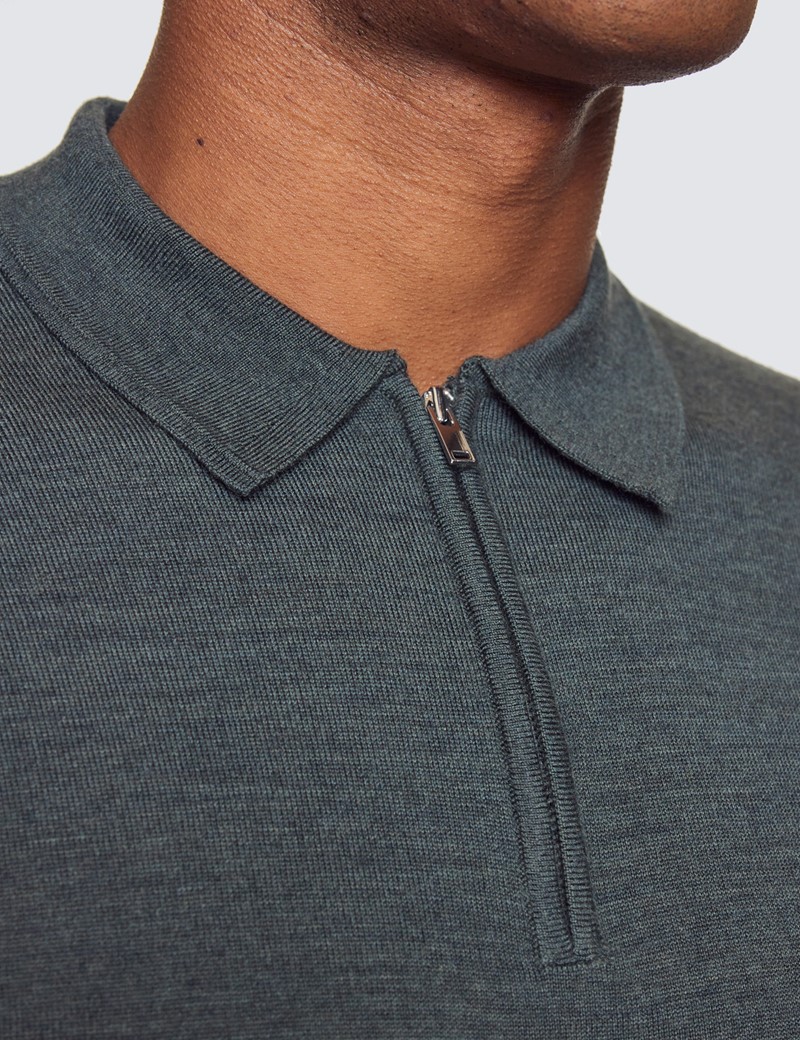 Poloshirt mit Zipper – Kurzarm – Merinowolle – Grau