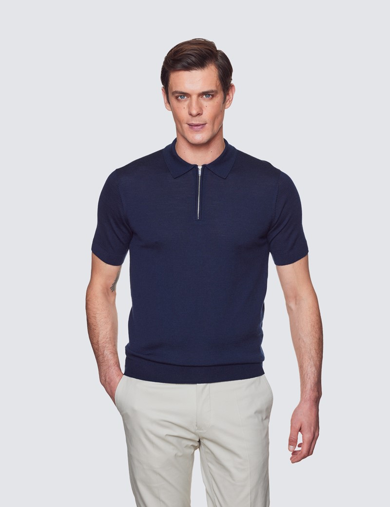 Men’s Deep Navy Fine Merino Wool Zip Neck Polo Shirt