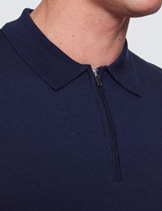 Men’s Deep Navy Fine Merino Wool Zip Neck Polo Shirt