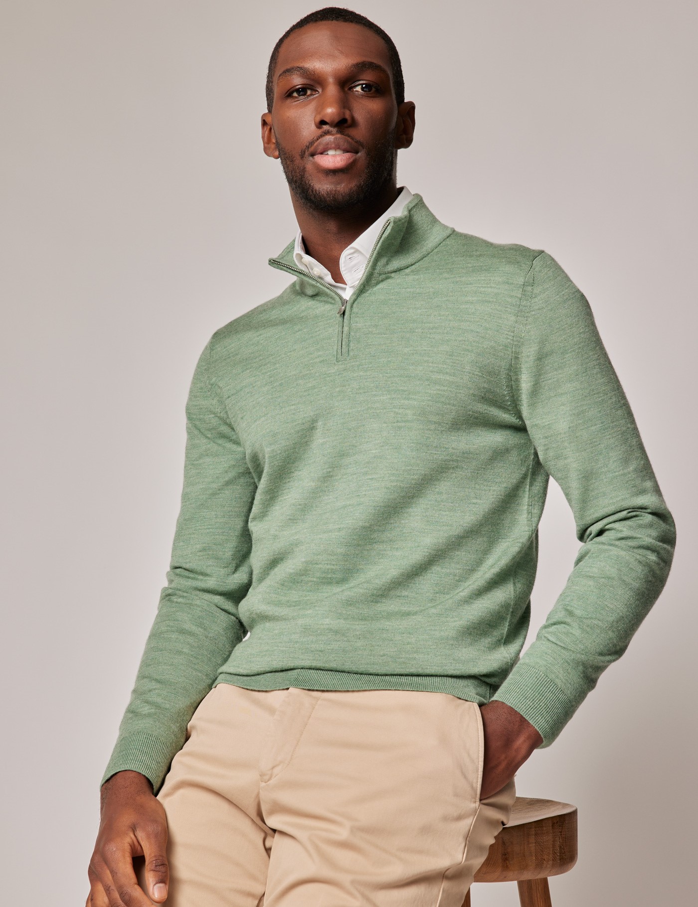 Green Fine Merino Wool Zip Neck Jumper | Hawes & Curtis