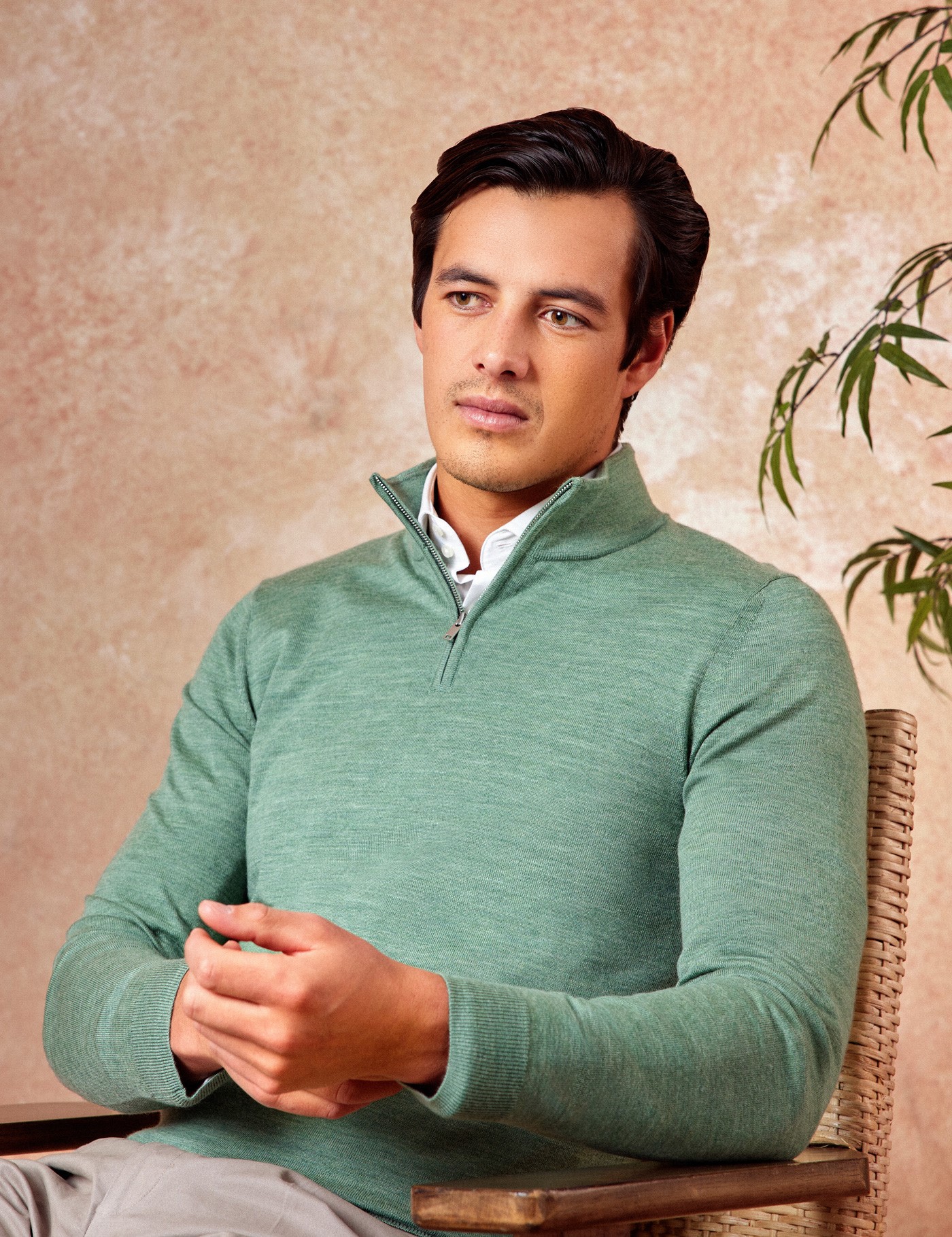 Green Fine Merino Wool Zip Neck Jumper | Hawes & Curtis