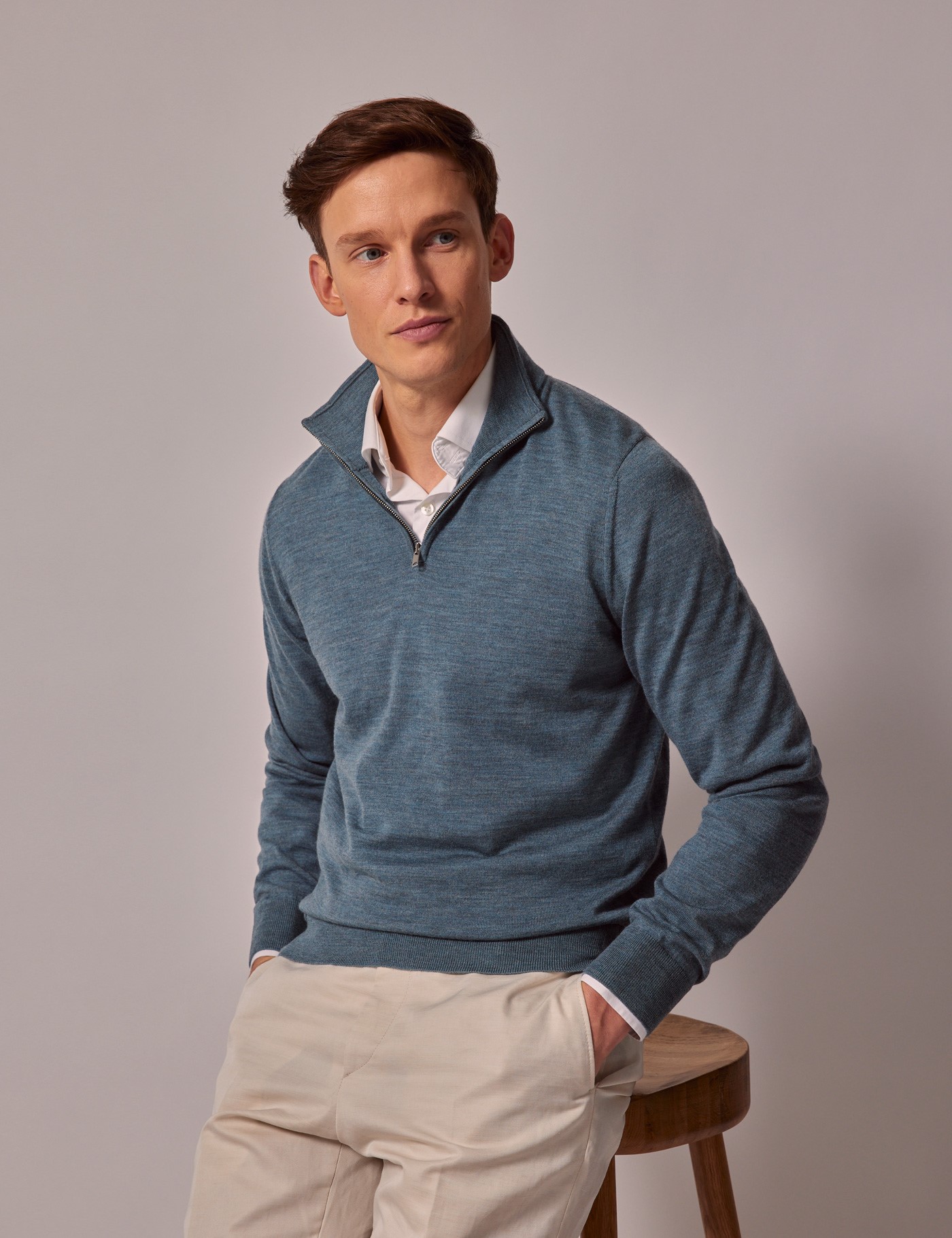 Men's Sea Green Lightweight Merino Wool Zip Neck Jumper | Hawes & Curtis