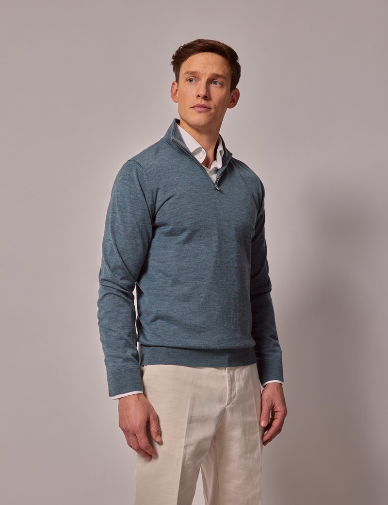 Men's Sea Green Lightweight Merino Wool Zip Neck Jumper | Hawes & Curtis