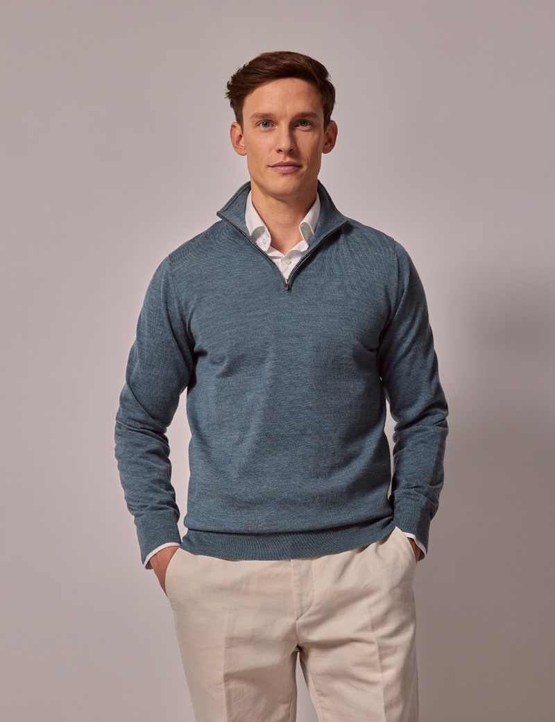 Men's Sea Green Lightweight Merino Wool Zip Neck Jumper | Hawes & Curtis