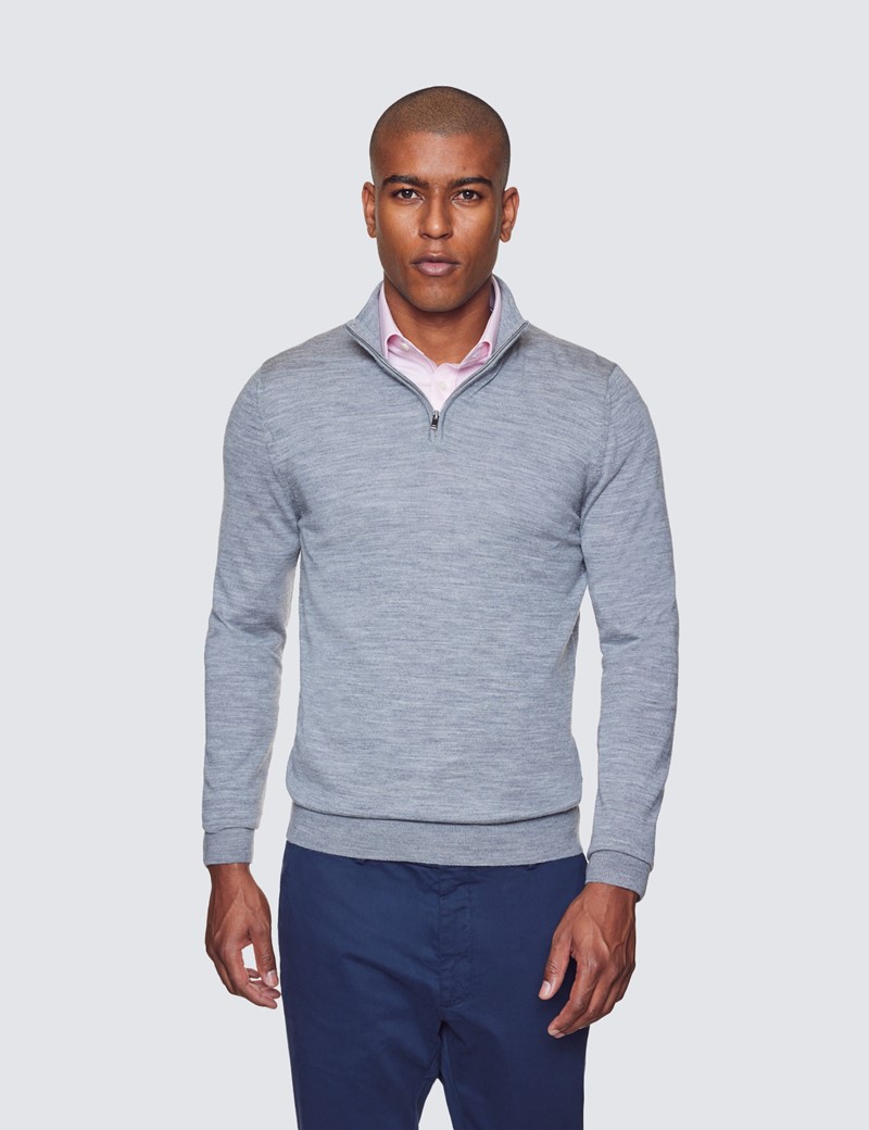 Pullover – Half Zip  – Merinowolle – grau