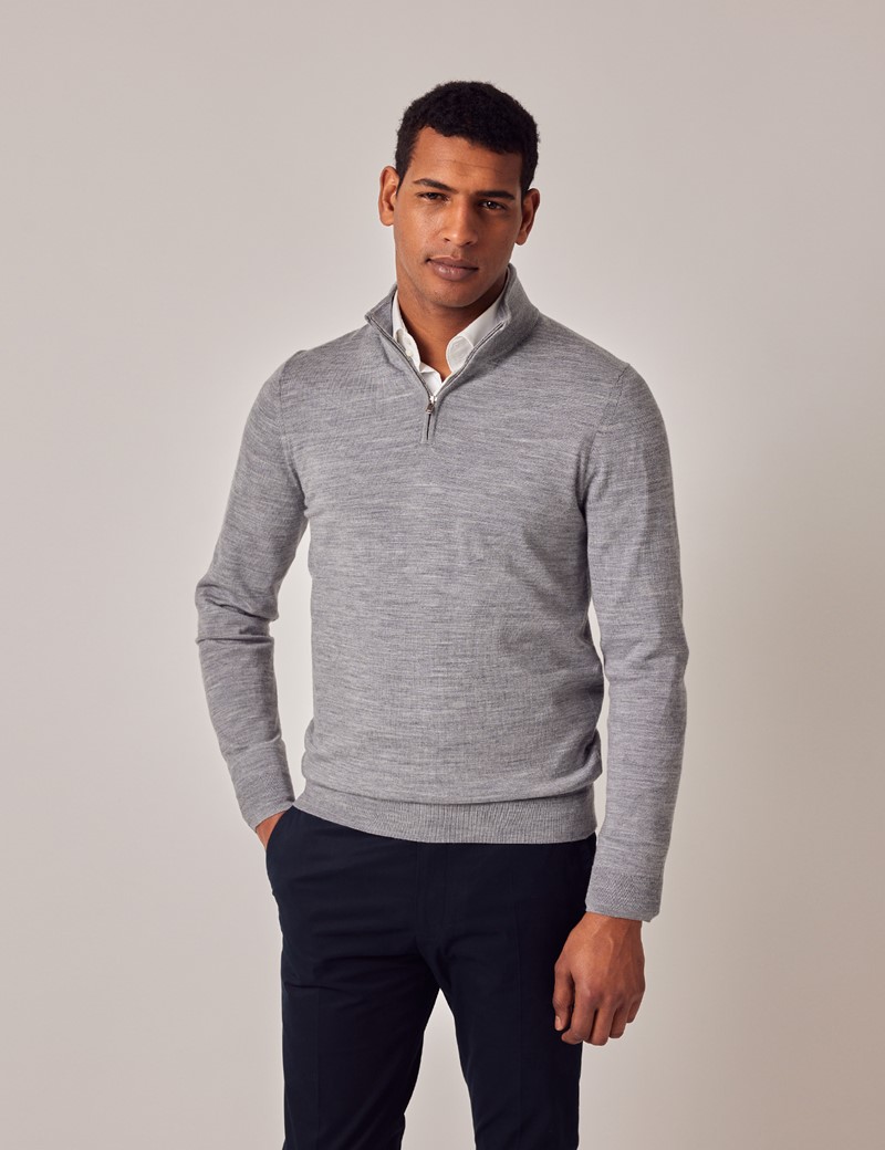 Men's Mid Grey Lightweight Merino Wool Zip Neck Jumper| Hawes & Curtis