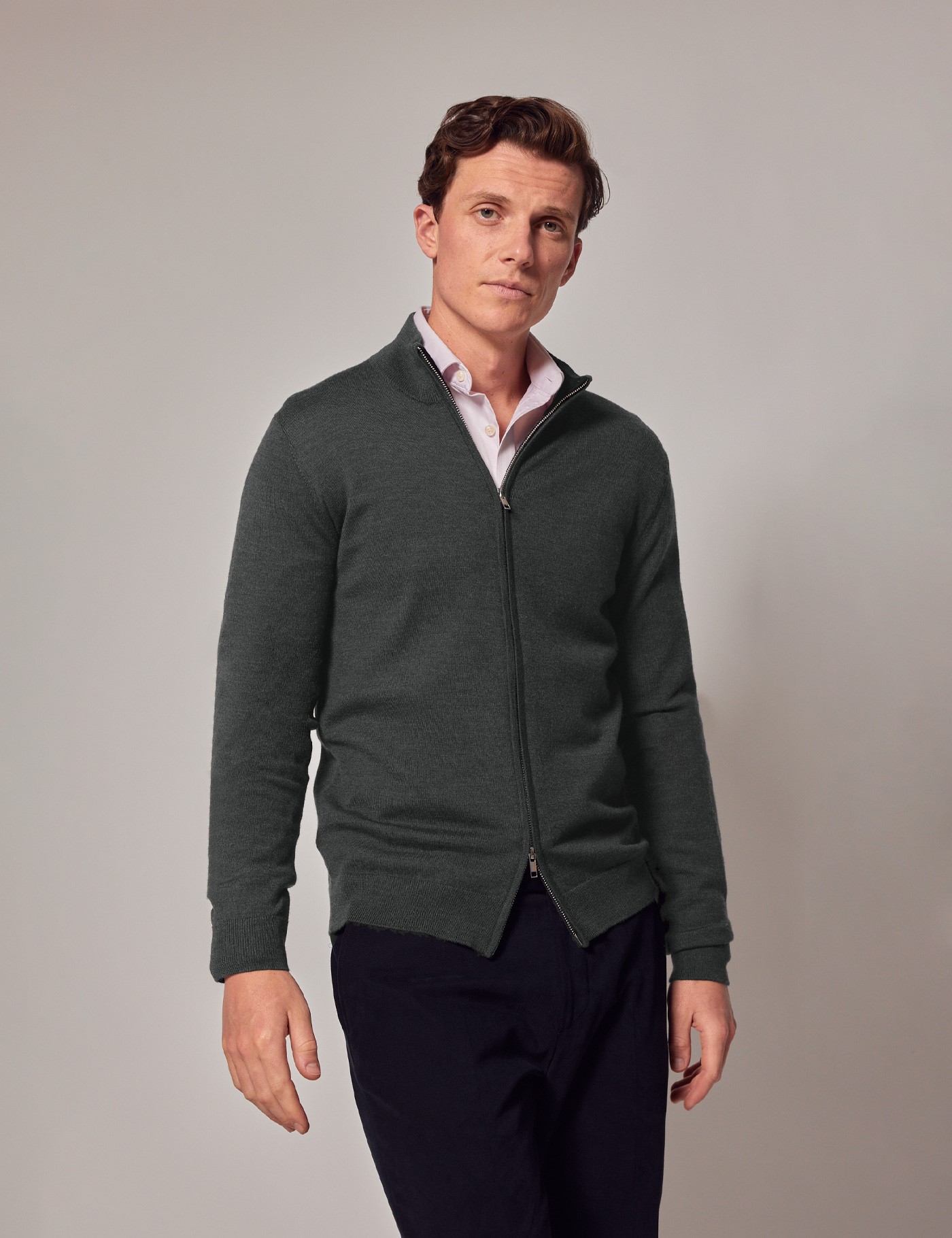 Men’s Moss Green Zip Through Merino Wool Jumper