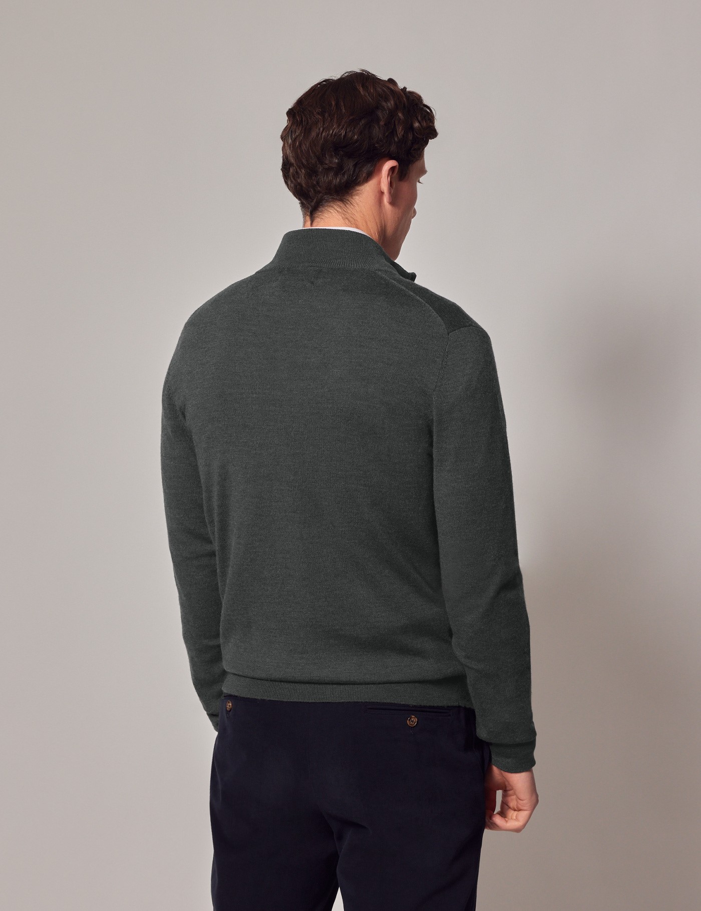 Men’s Moss Green Zip Through Merino Wool Jumper