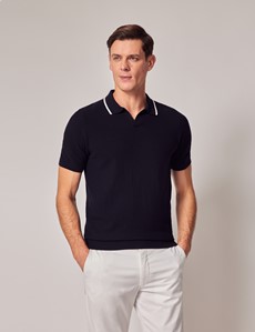 Navy Knitted Contrast Collar Polo | Hawes & Curtis