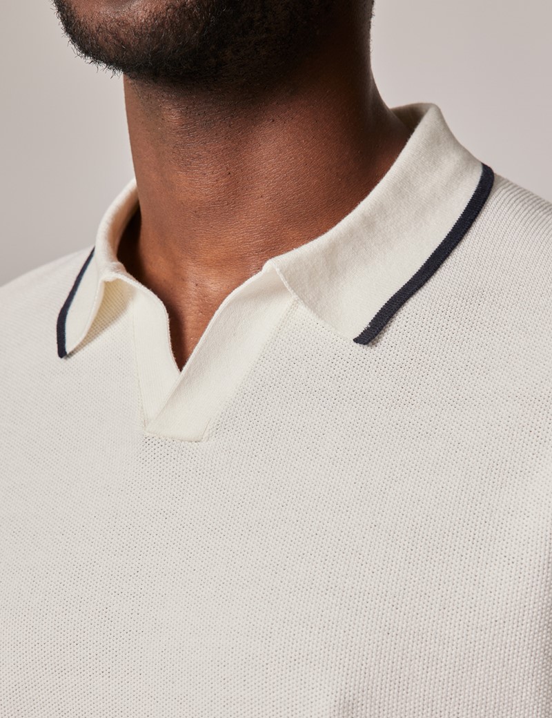 Beige Knitted Contrast Collar Polo | Hawes & Curtis