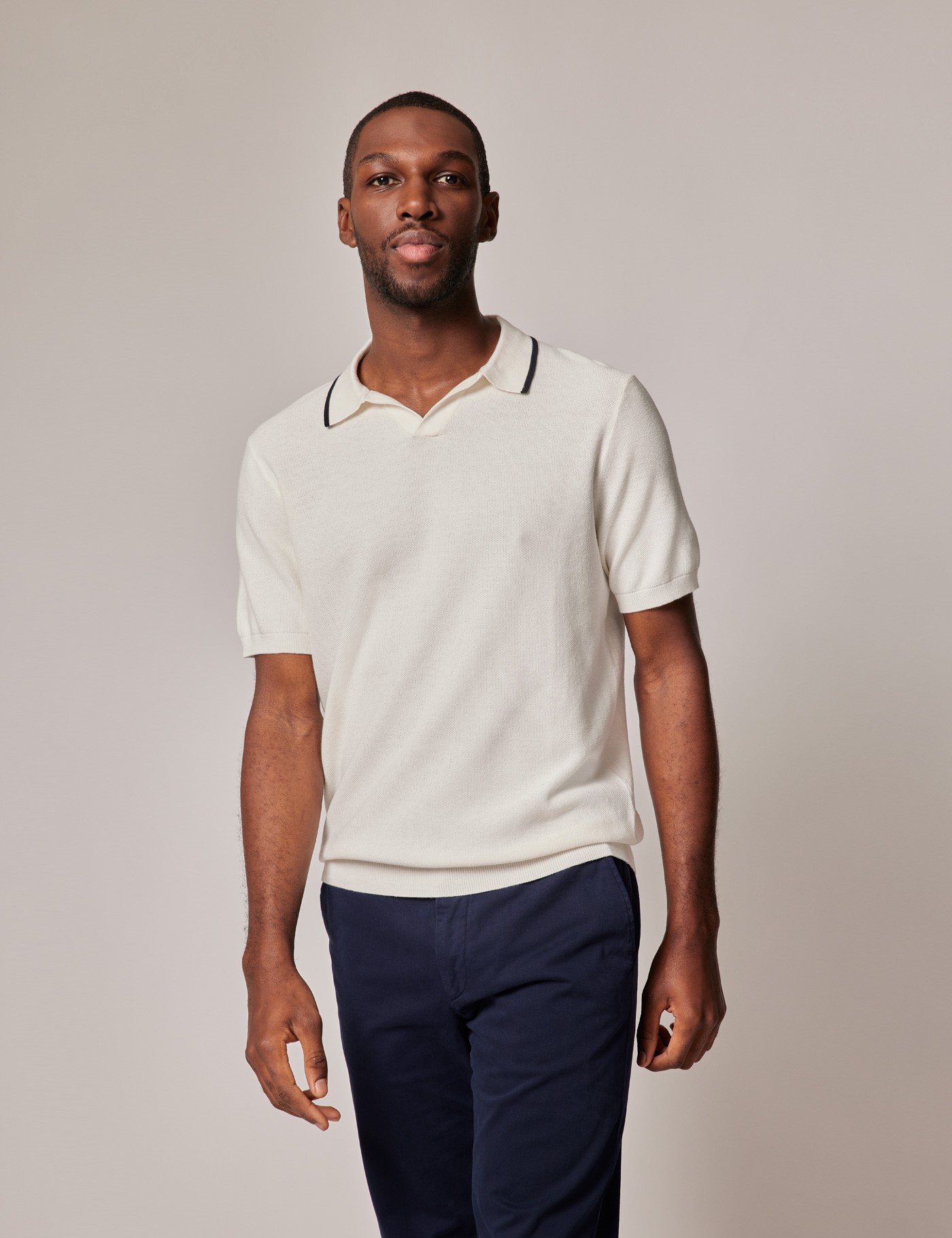 Beige Knitted Contrast Collar Polo | Hawes & Curtis