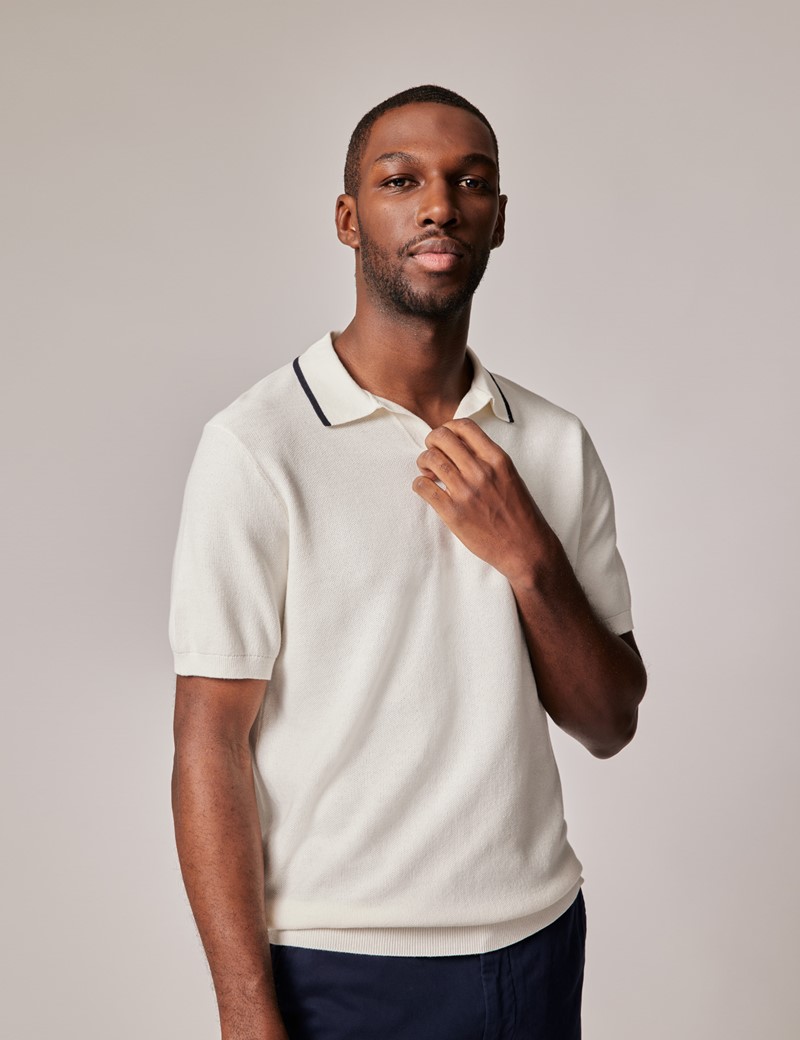 Beige Knitted Contrast Collar Polo | Hawes & Curtis