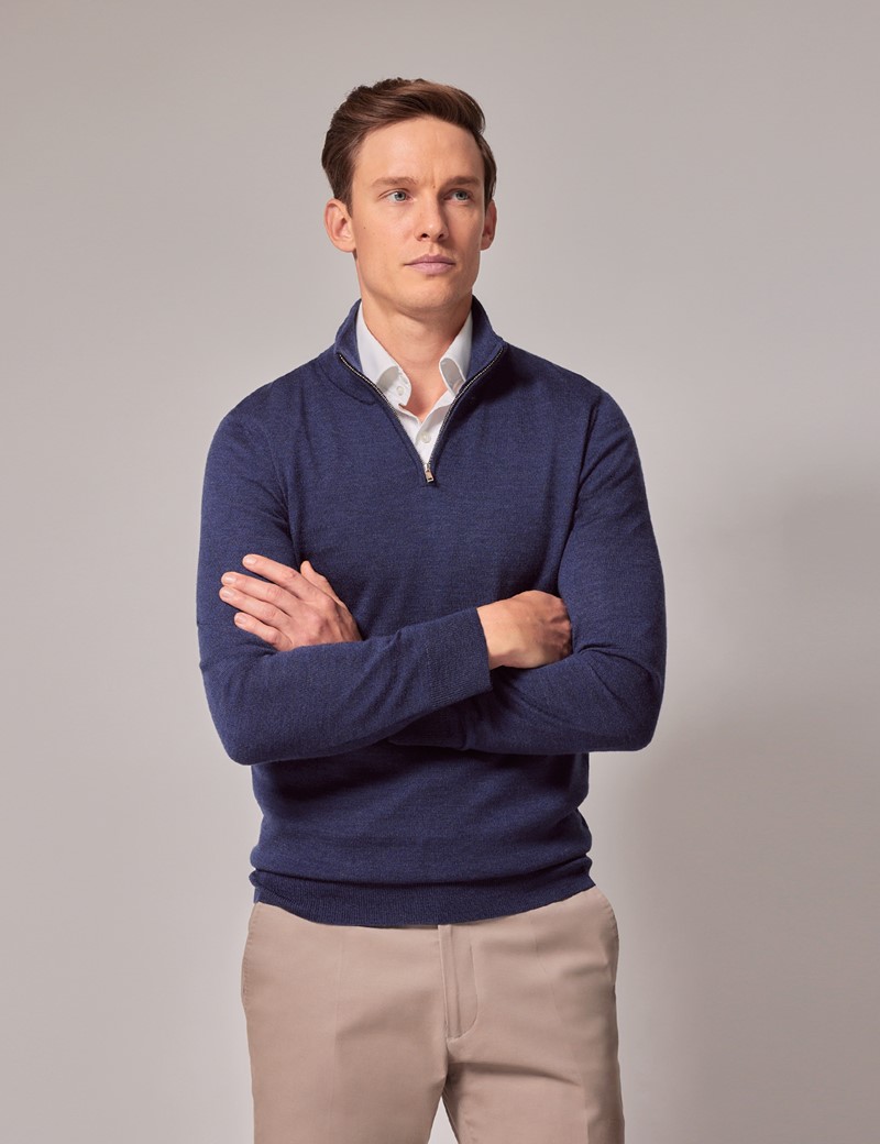 Men's Dark Blue Half Zip Merino Jumper - Machine Washable | Hawes & Curtis