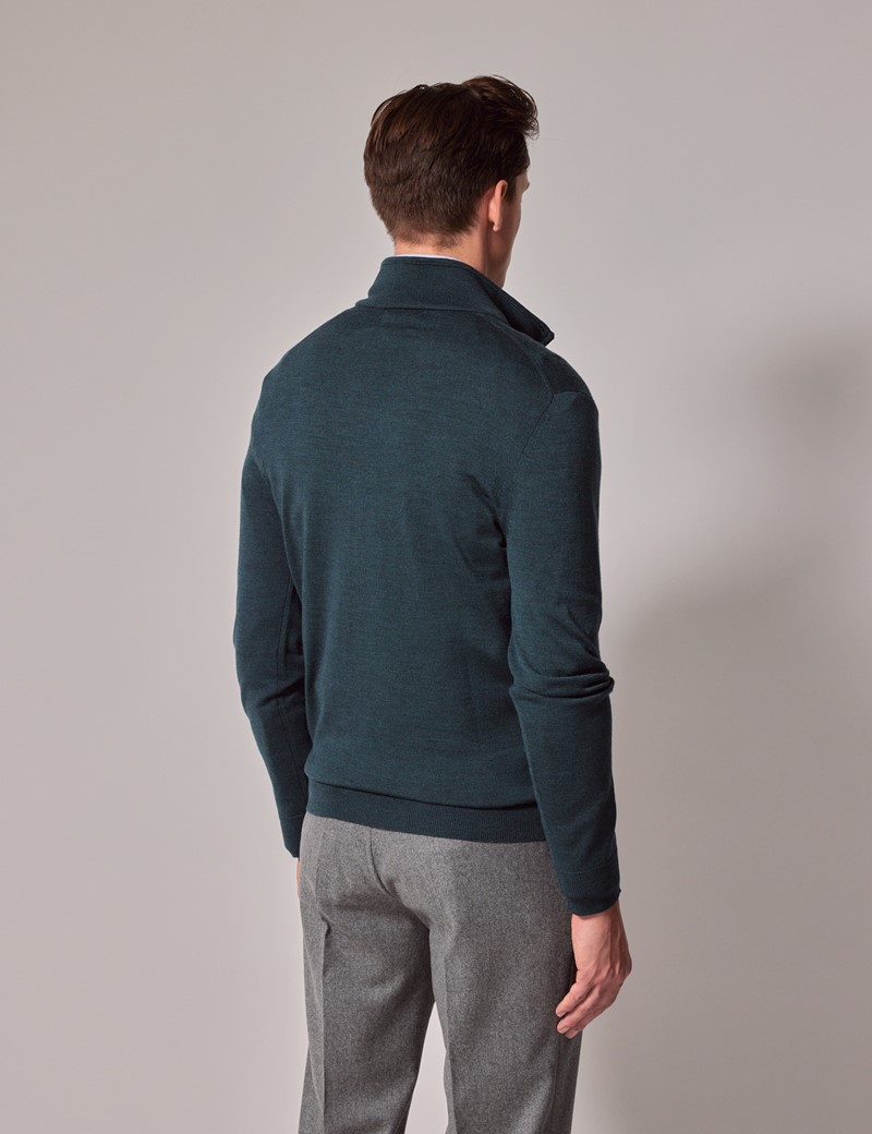 Men's Dark Green Half Zip Merino Sweater - Machine Washable