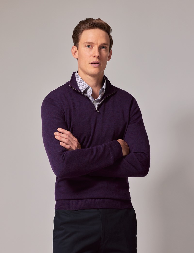 Men's Dark Purple Half Zip Merino Jumper Machine Washable Hawes