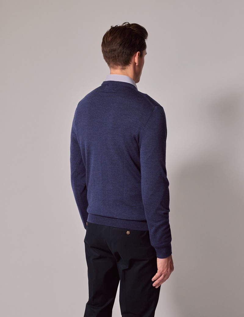 Men's Dark Blue VNeck Merino Sweater Machine Washable Hawes & Curtis