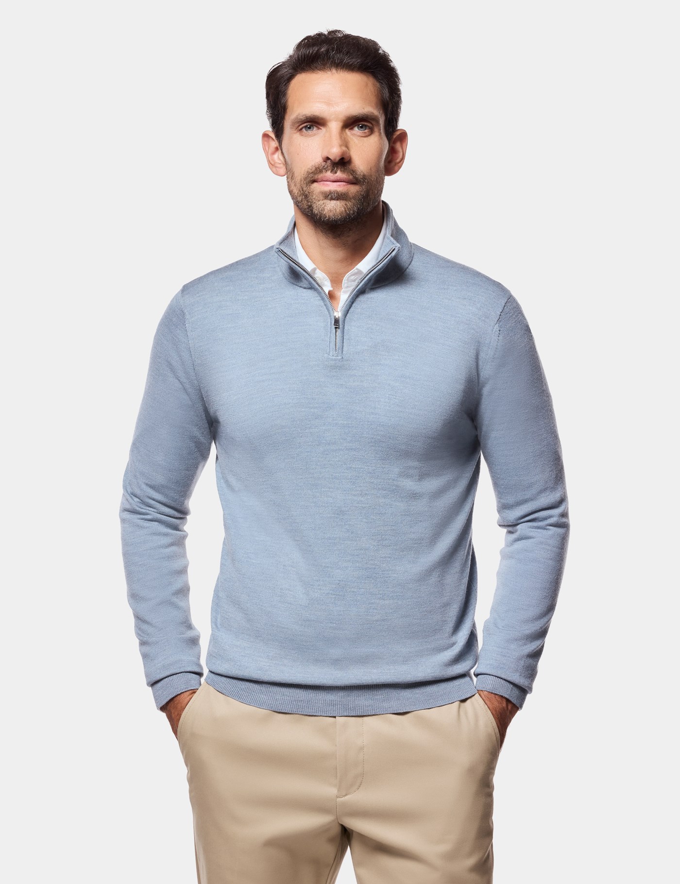 Hawes & Curtis Dusty Blue Half Zip Jumper | Machine Washable Size: Small