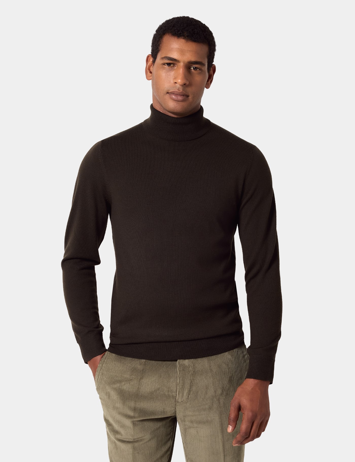 Hawes & Curtis Dark Olive Roll Neck Jumper | Machine Washable Size: Small