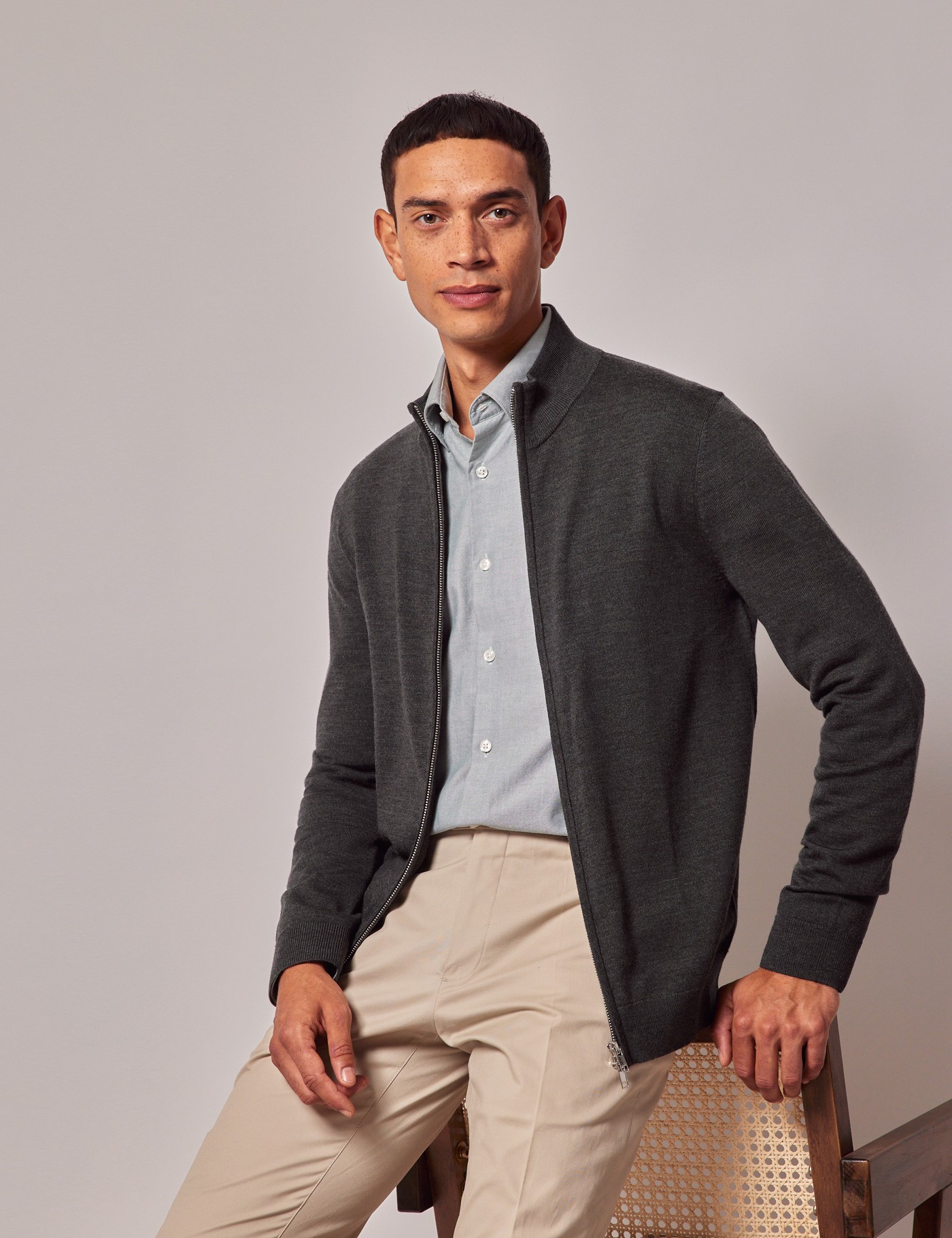 & Moss Merino Wool Zip Through Jumper