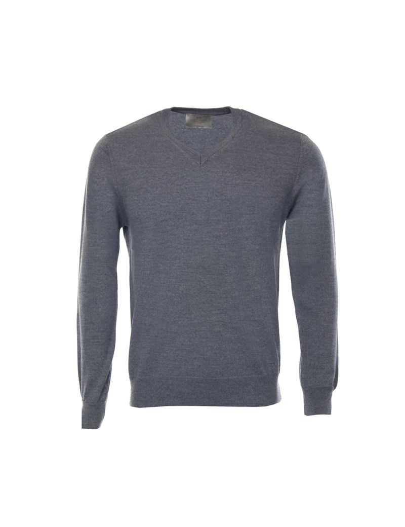 Men's Grey Slim Fit V-Neck Merino Wool Jumper | Hawes & Curtis