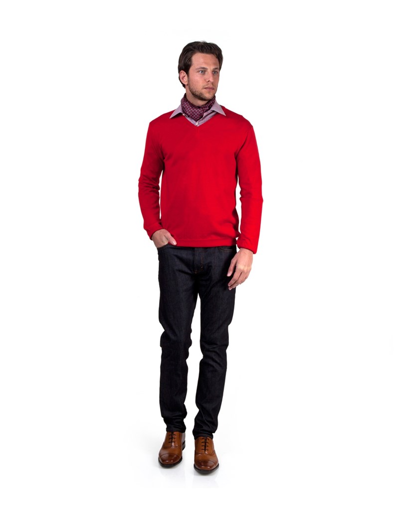 Men's Red Slim Fit VNeck Merino Wool Jumper Hawes & Curtis