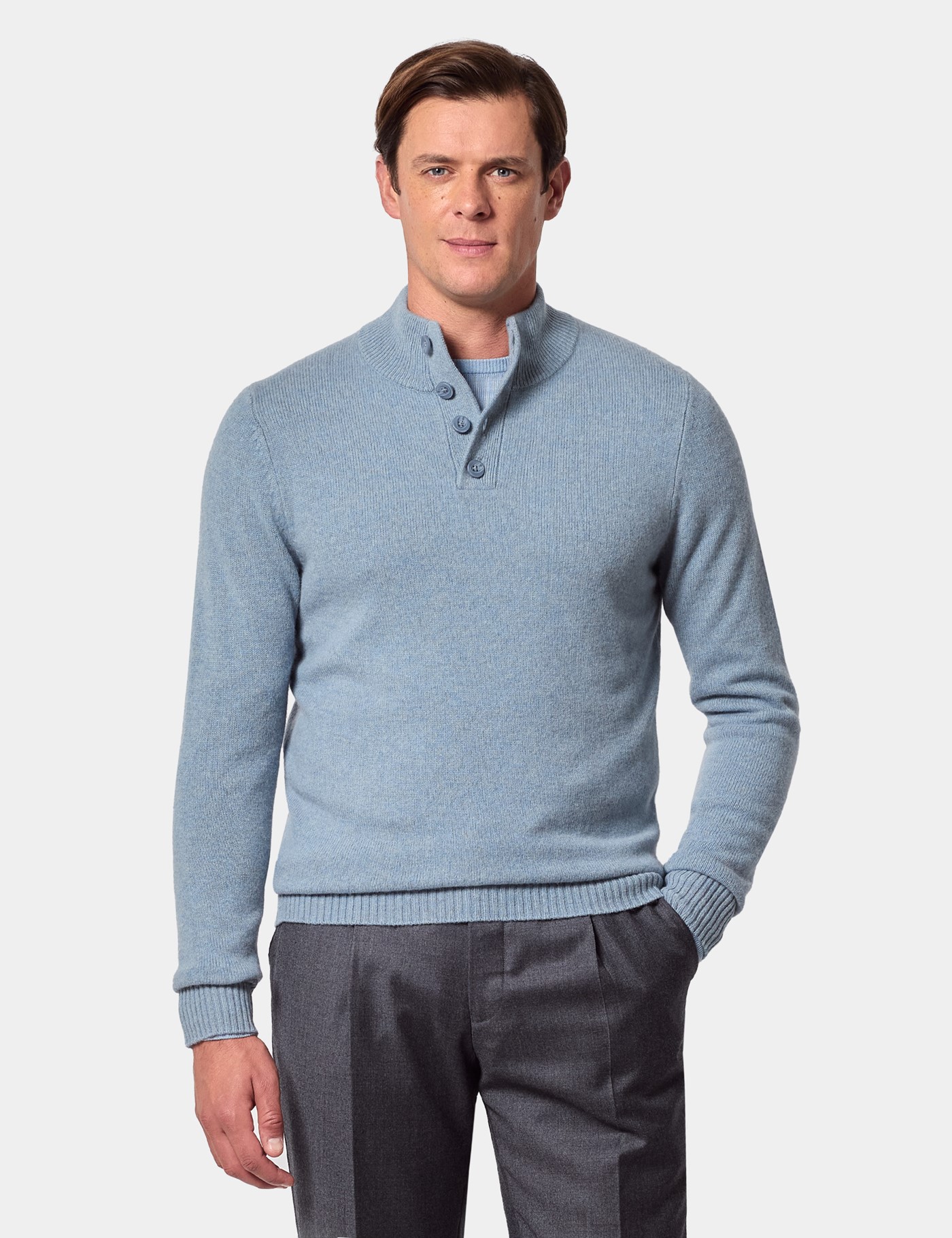 Hawes & Curtis Blue Button Neck Jumper Size: Small