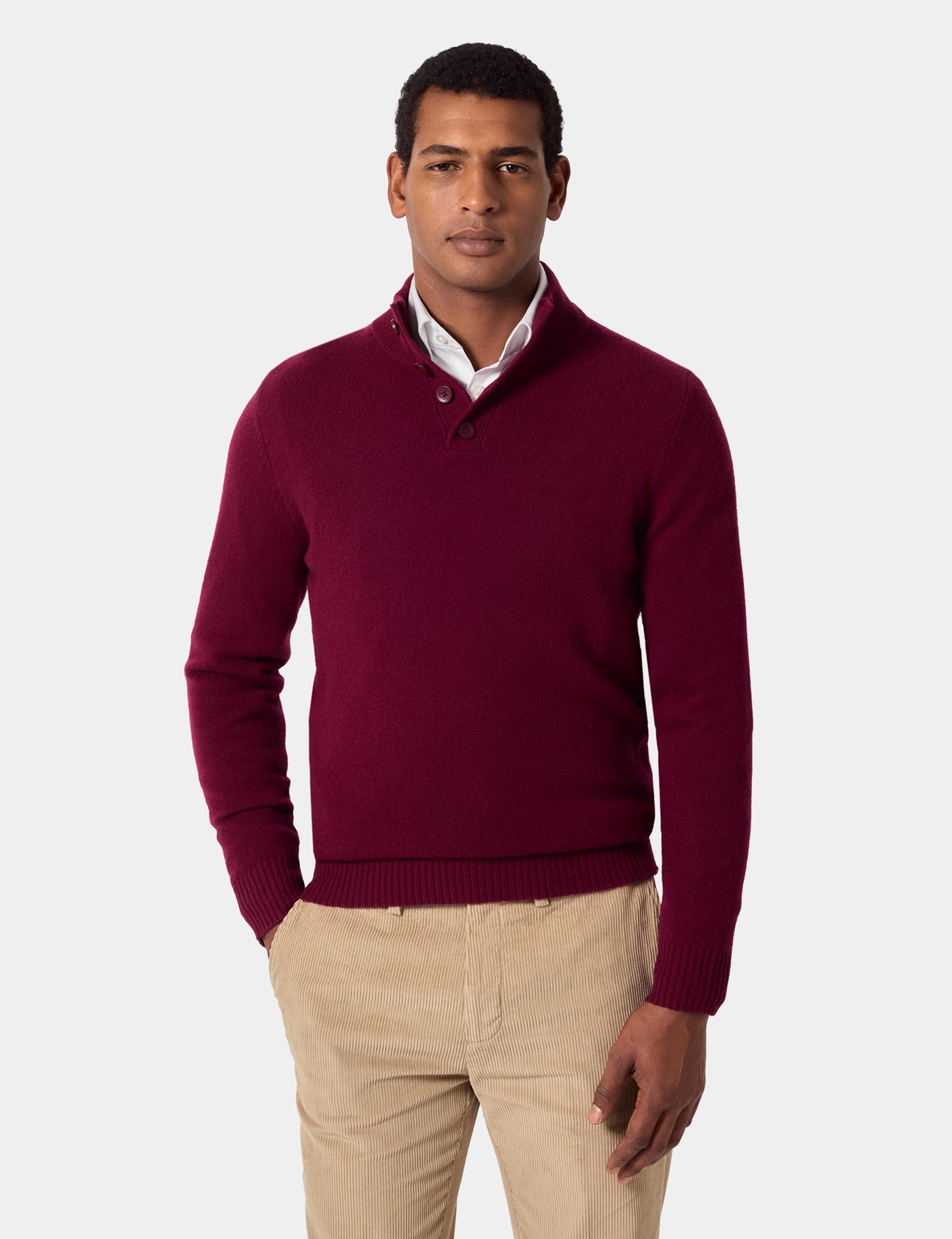 Hawes & Curtis Burgundy Button Neck Jumper Size: XL