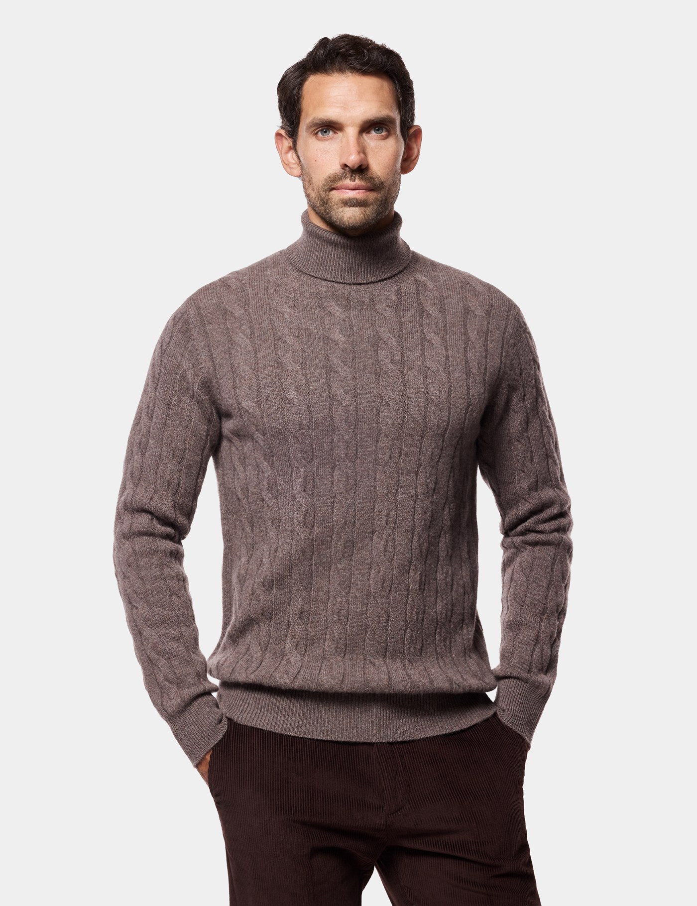 Hawes & Curtis Brown Cable Knit Roll Neck Jumper Size: Small