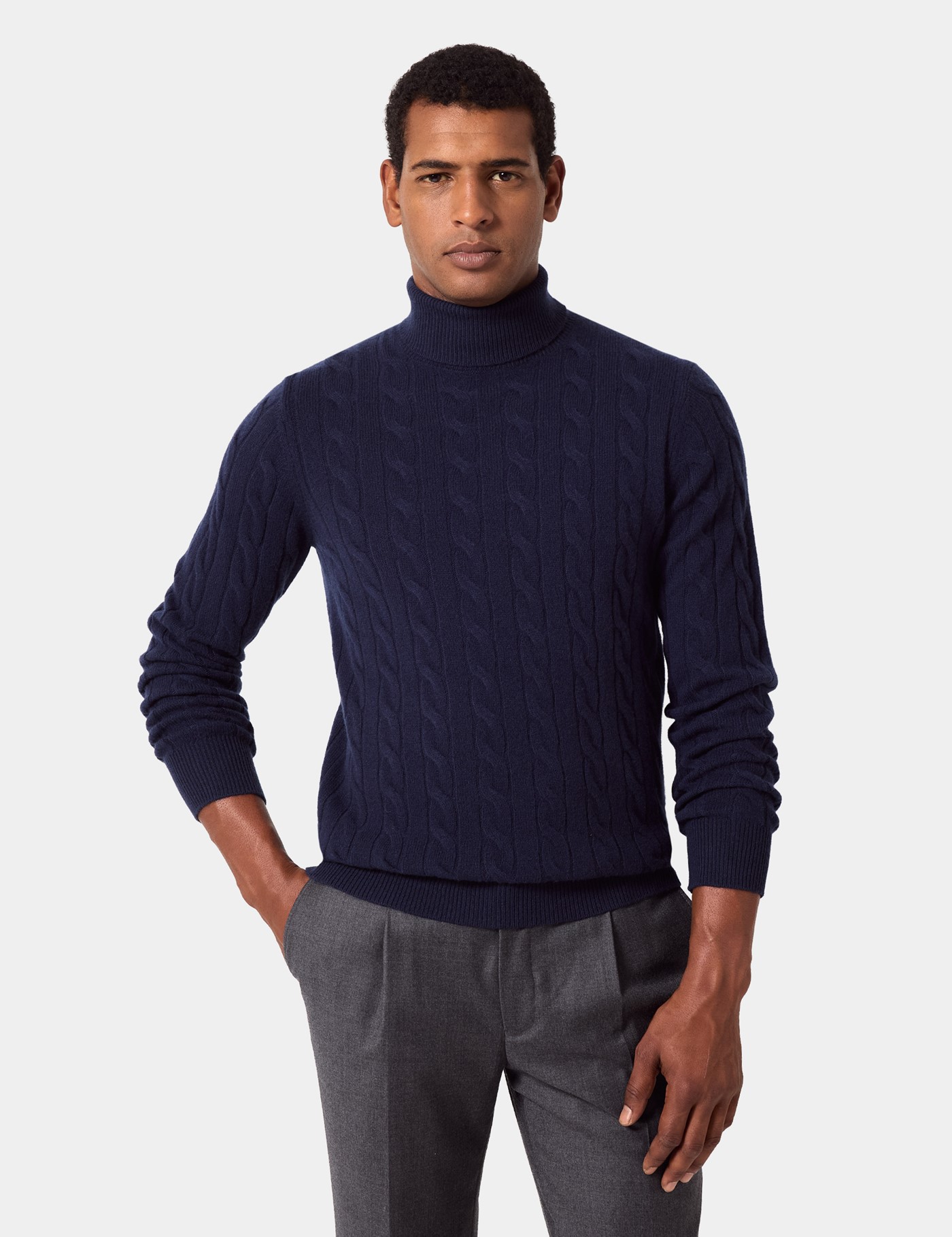 Hawes & Curtis Navy Cable Knit Roll Neck Jumper Size: XXL
