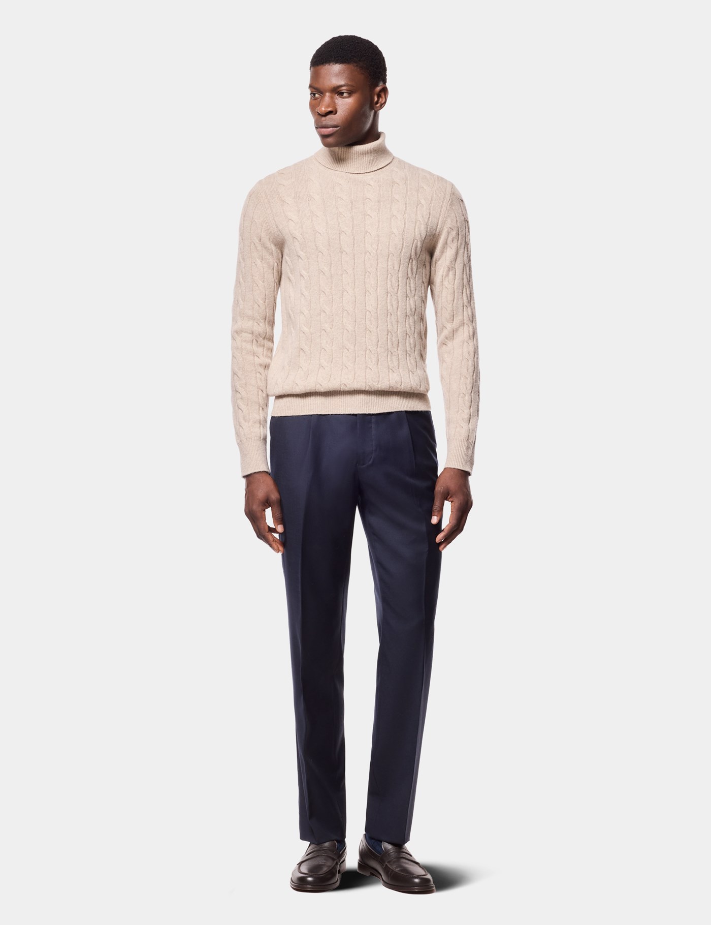 Hawes & Curtis Light Sand Cable Knit Roll Neck Jumper Size: XL image 2