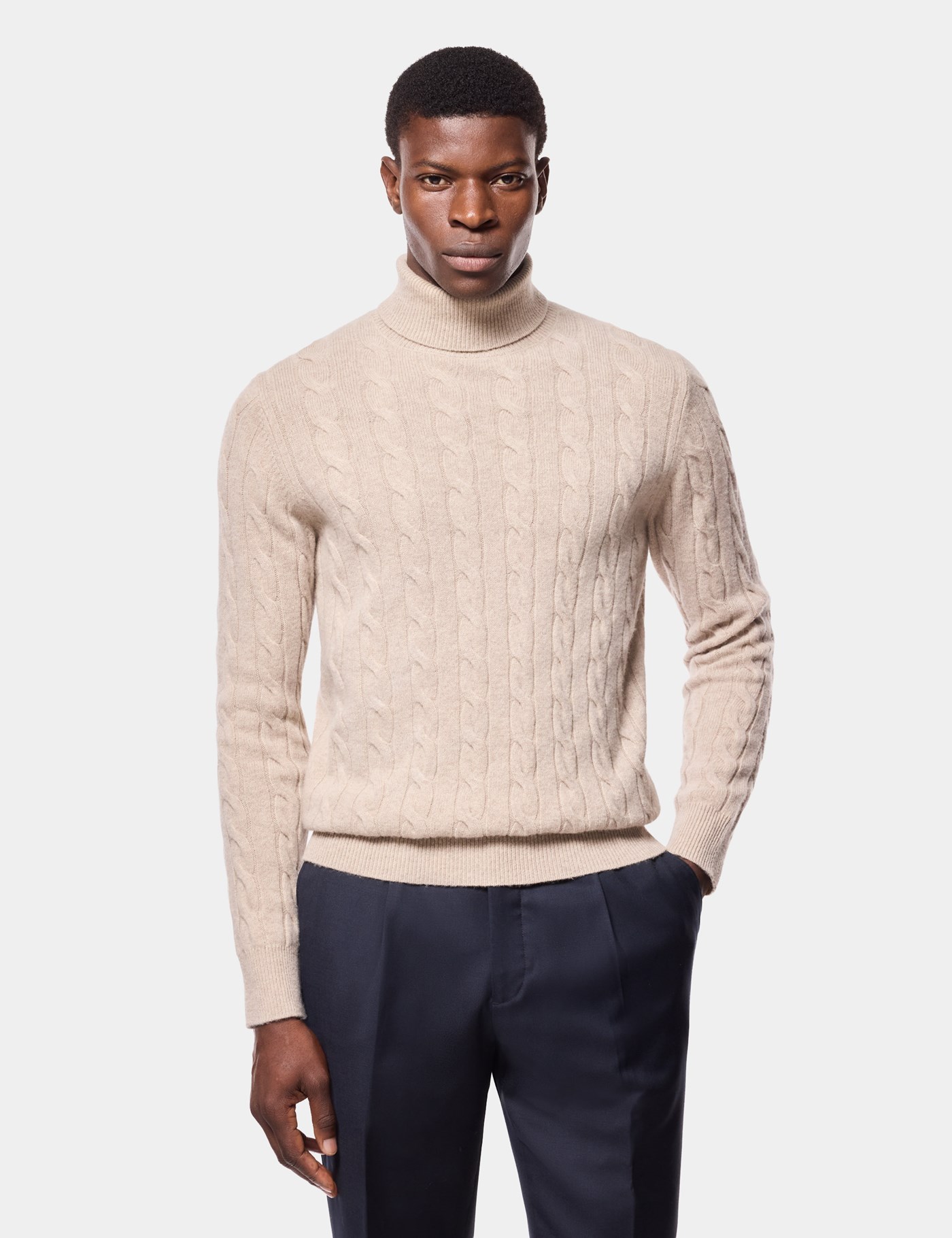 Hawes & Curtis Light Sand Cable Knit Roll Neck Jumper Size: XL