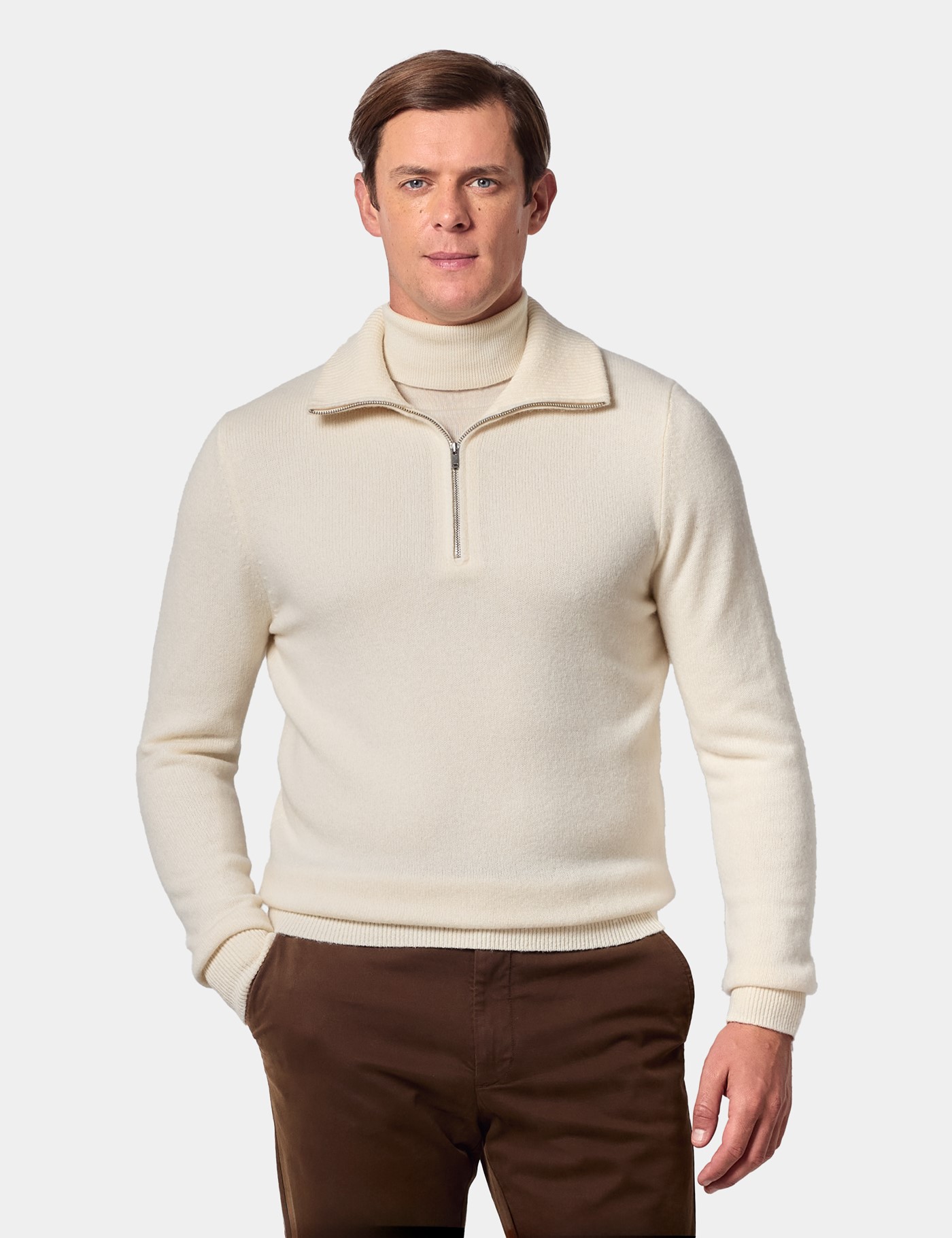 Hawes & Curtis Cream Flat Lay Zip Neck Jumper Size: Medium