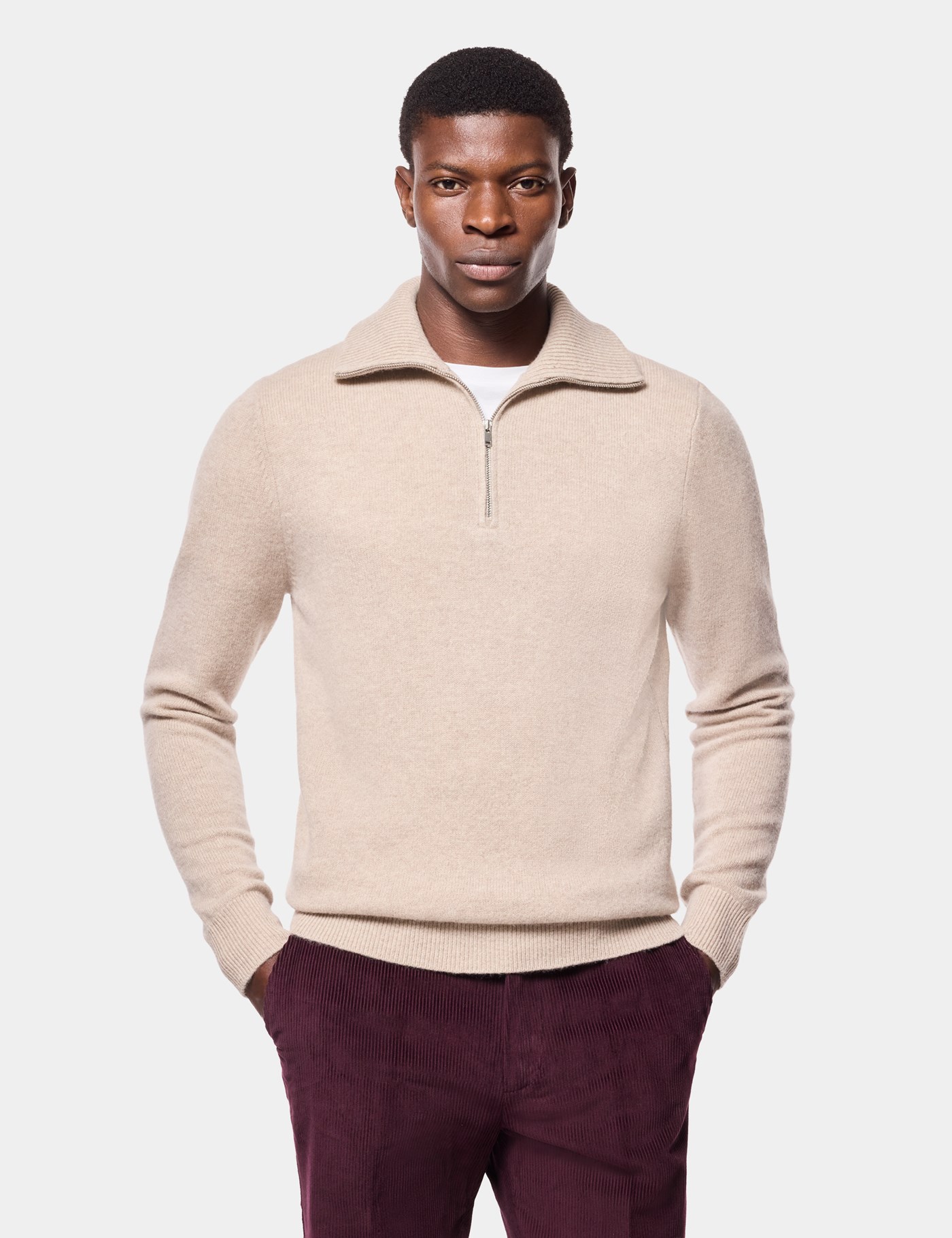 Hawes & Curtis Light Sand Flat Lay Zip Neck Jumper Size: Large