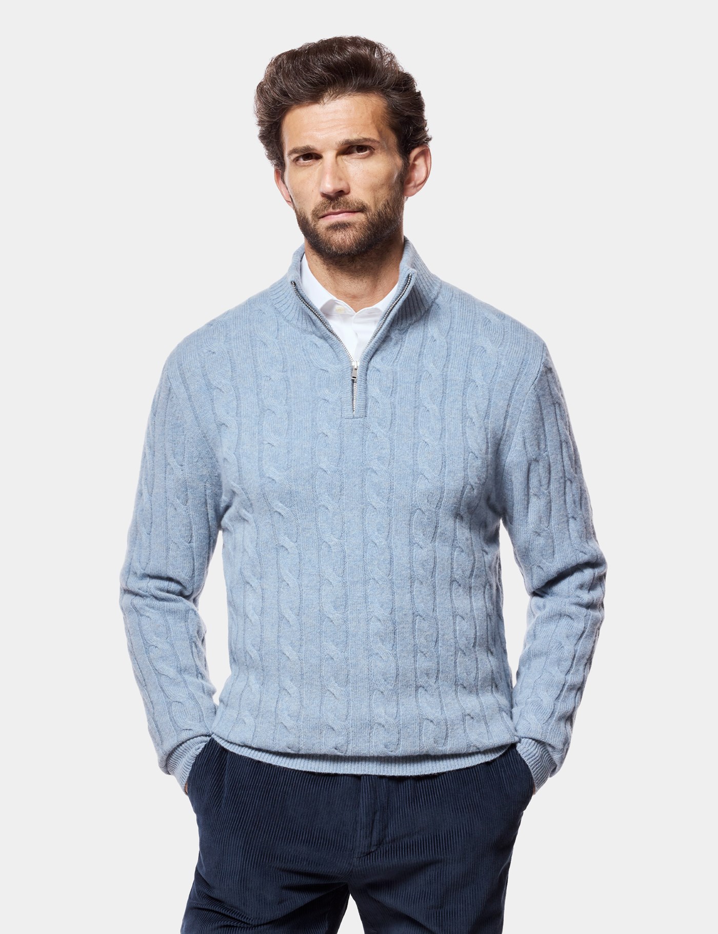 Hawes & Curtis Blue Cable Knit Half Zip Jumper Size: Medium