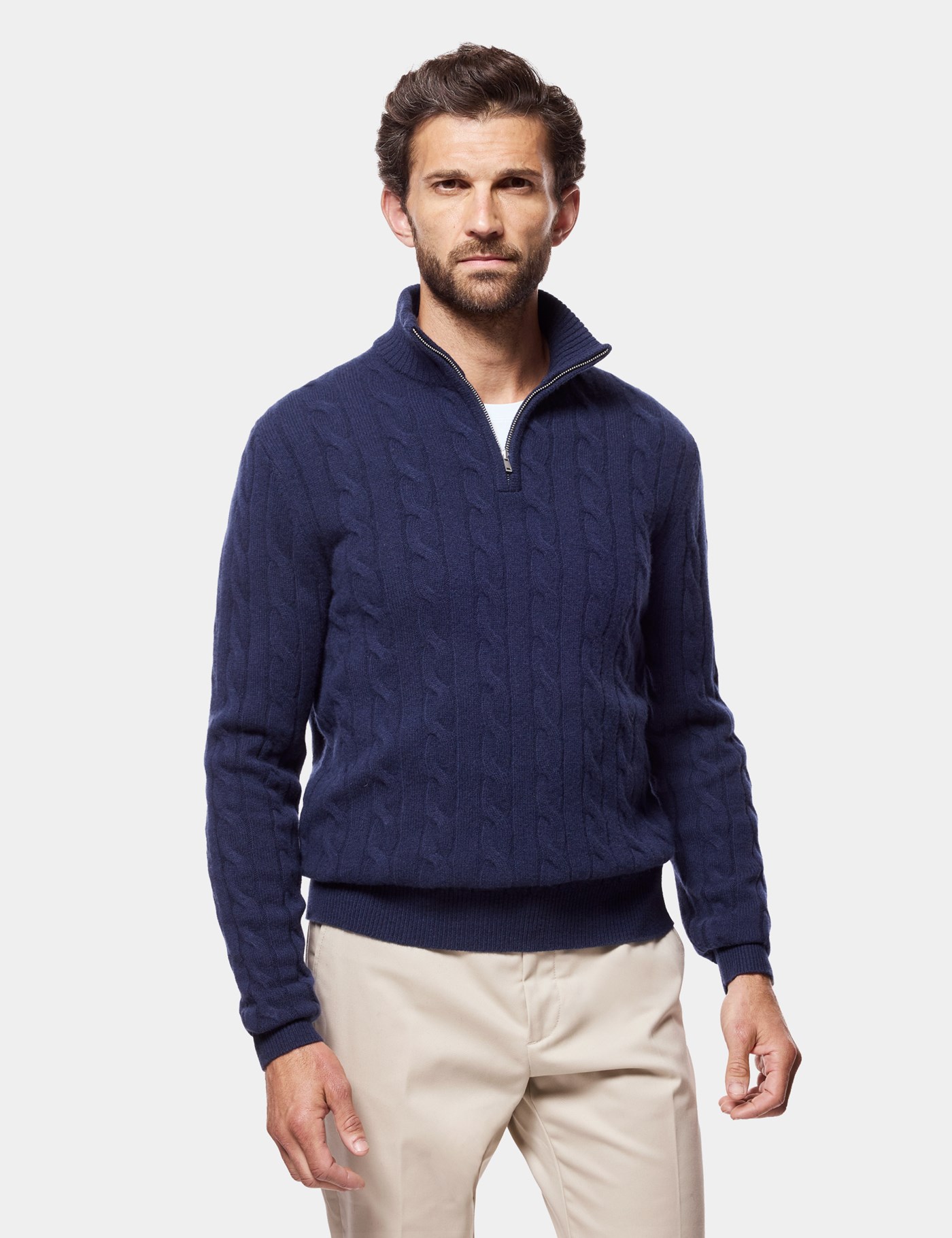 Hawes & Curtis Navy Cable Knit Half Zip Jumper Size: Large