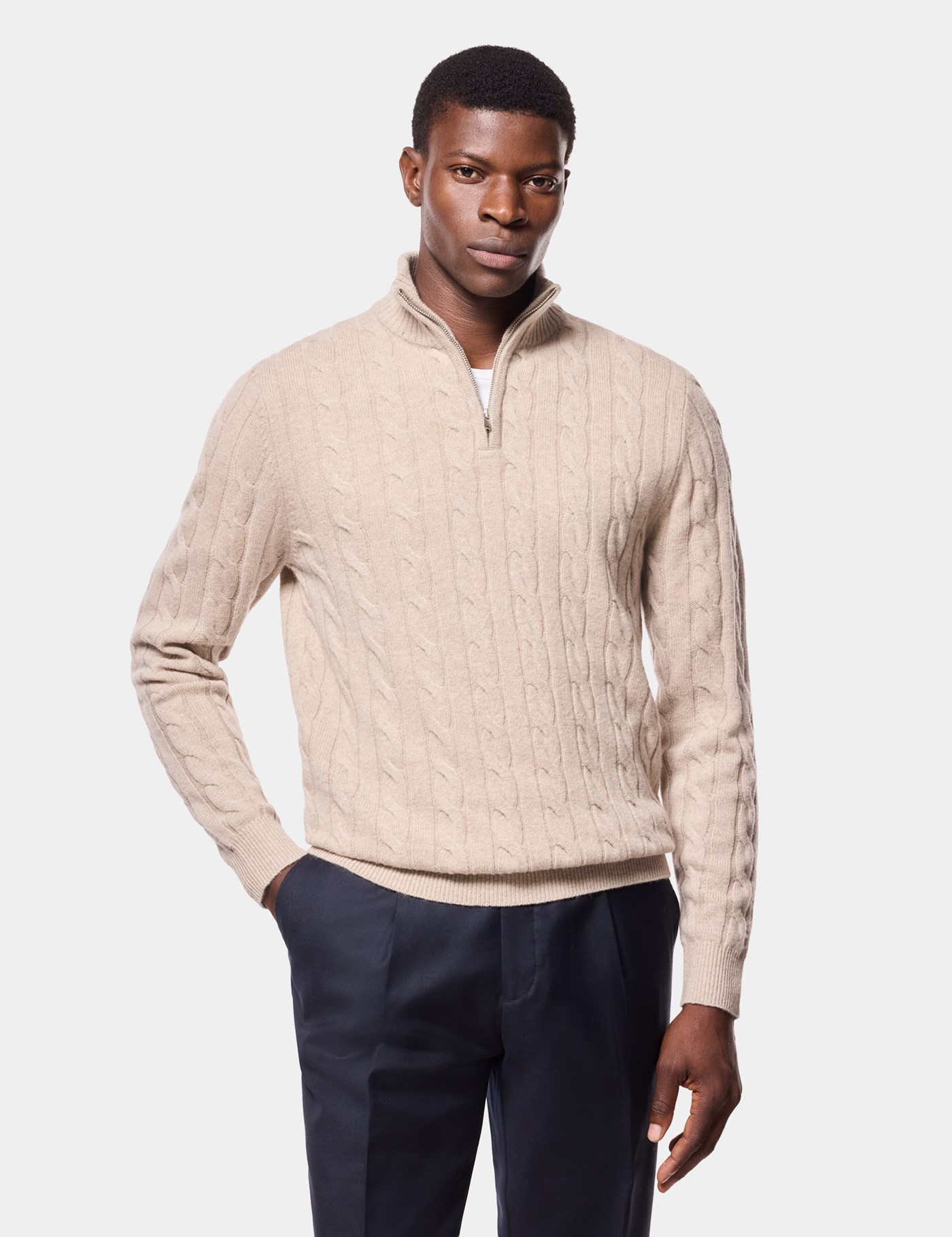 Hawes & Curtis Light Sand Cable Knit Half Zip Jumper Size: Large