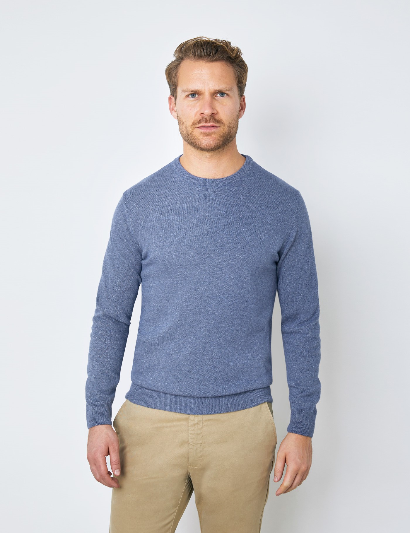 Wool and Cashmere Mix Crew Neck Sweater in Denim | Hawes & Curtis | USA