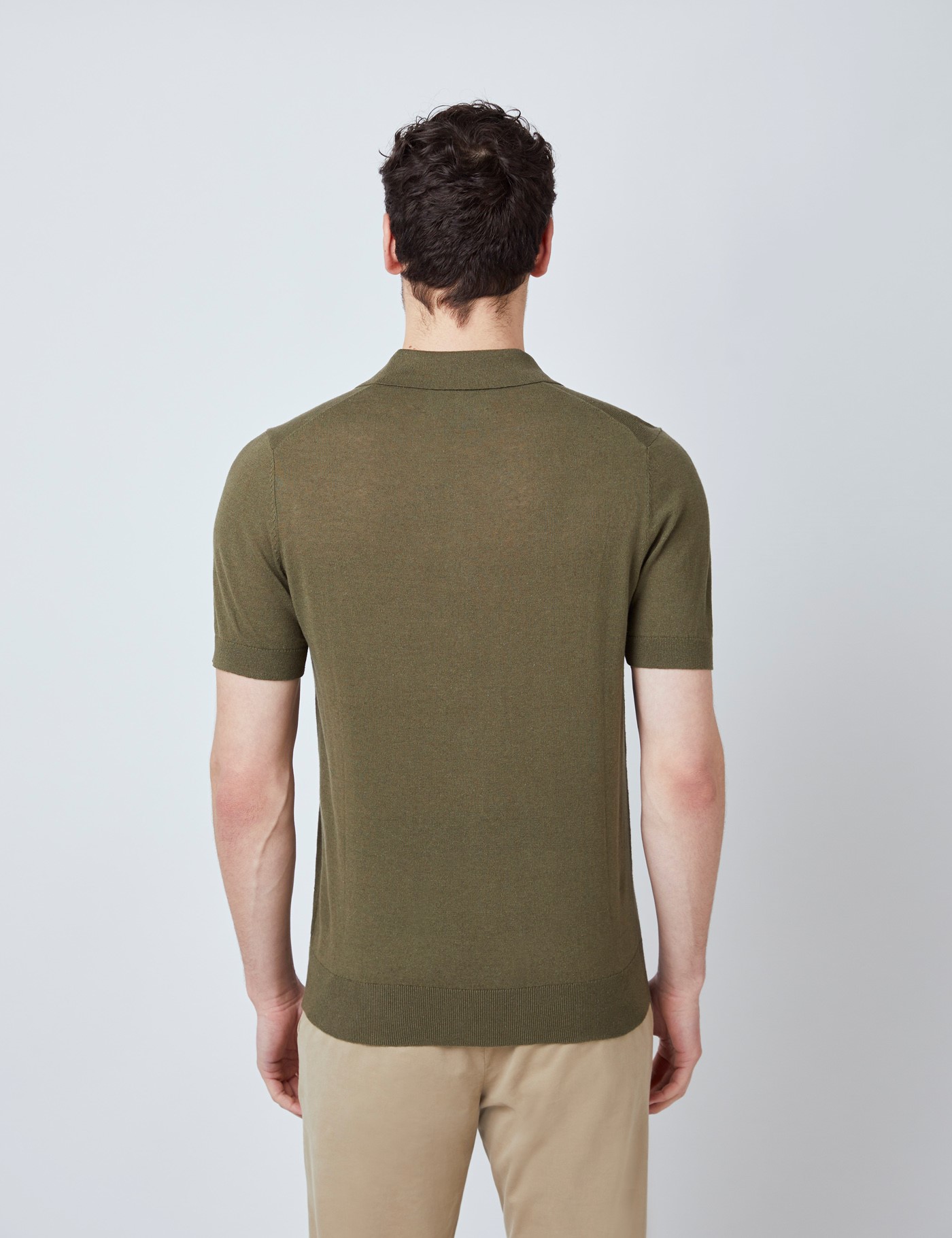 Linen Cotton Mix Short Sleeve Polo Shirt in Olive | Hawes & Curtis