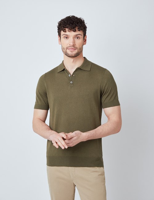 Men’s Olive Linen Cotton Mix Polo Shirt