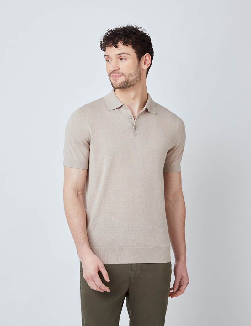 Men’s Stone Linen Cotton Mix Polo Shirt