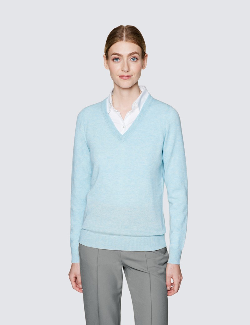 Damen Pullover – V-Ausschnitt – Wolle-Kaschmir Mix – hellblau