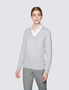 Damen Pullover – V-Ausschnitt – Wolle-Kaschmir Mix – grau