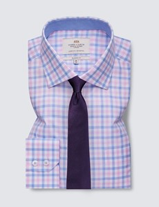 Easy Iron Pink & Blue Multi Check Classic Fit Shirt With Contrast Detail & Chest Pocket - Single Cuffs