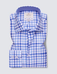 Easy Iron Blue & Royal Multi Check Classic Fit Shirt with Contrast Detail & Chest Pocket - Single Cuffs