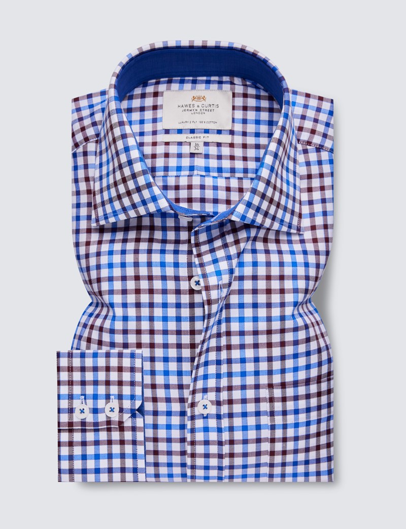 Easy Iron Brown & Blue Multi Check Classic Fit Shirt with Contrast Detail & Chest Pocket - Single Cuffs
