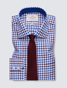 Easy Iron Brown & Blue Multi Check Classic Fit Shirt with Contrast Detail & Chest Pocket - Single Cuffs
