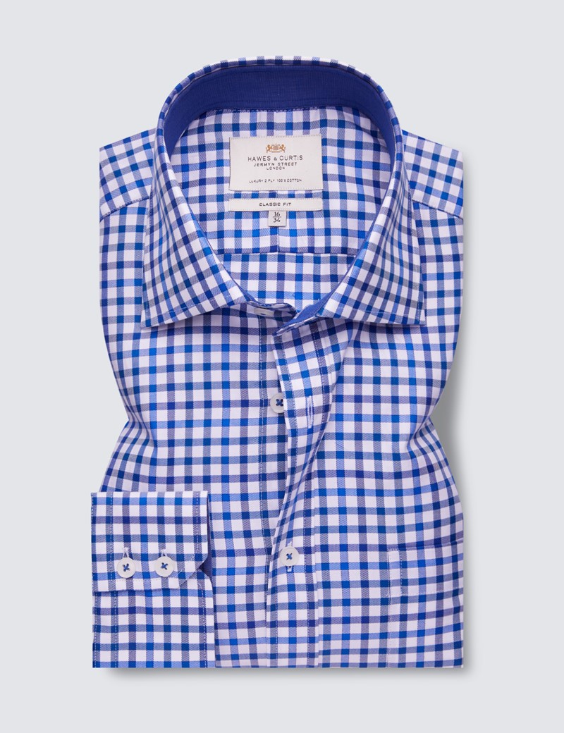 Easy Iron Navy & Blue Multi Check Classic Fit Shirt with Contrast Detail & Chest Pocket - Single Cuffs
