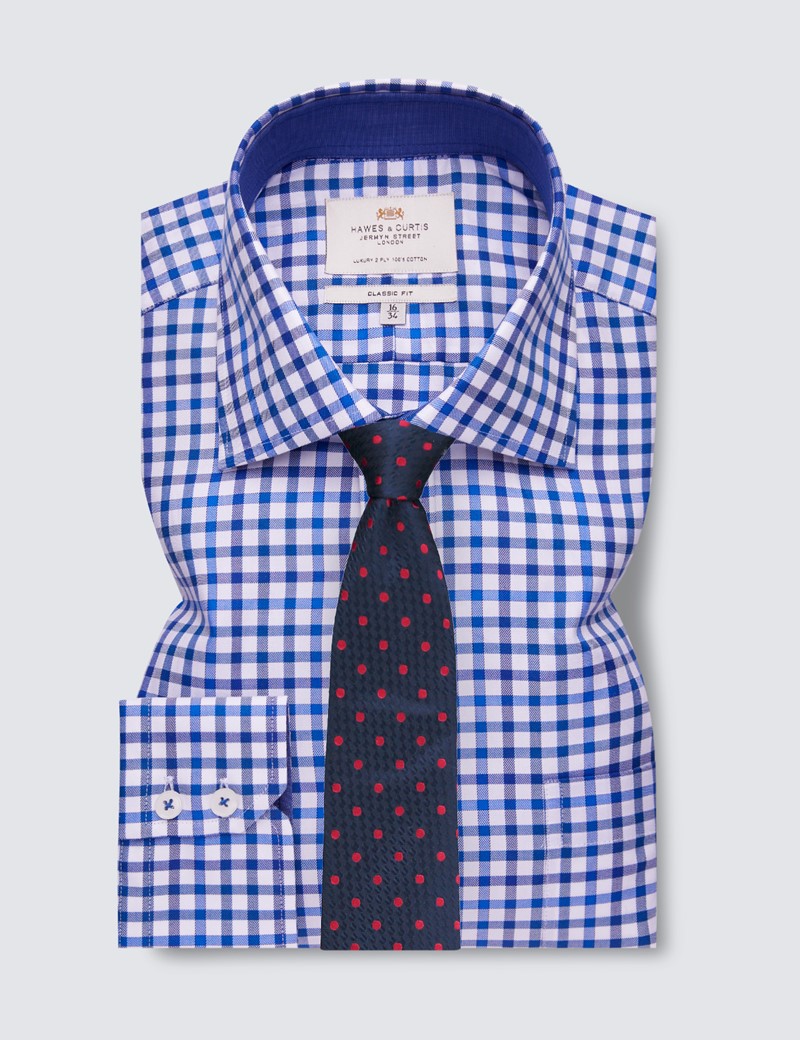 Easy Iron Navy & Blue Multi Check Classic Fit Shirt with Contrast Detail & Chest Pocket - Single Cuffs
